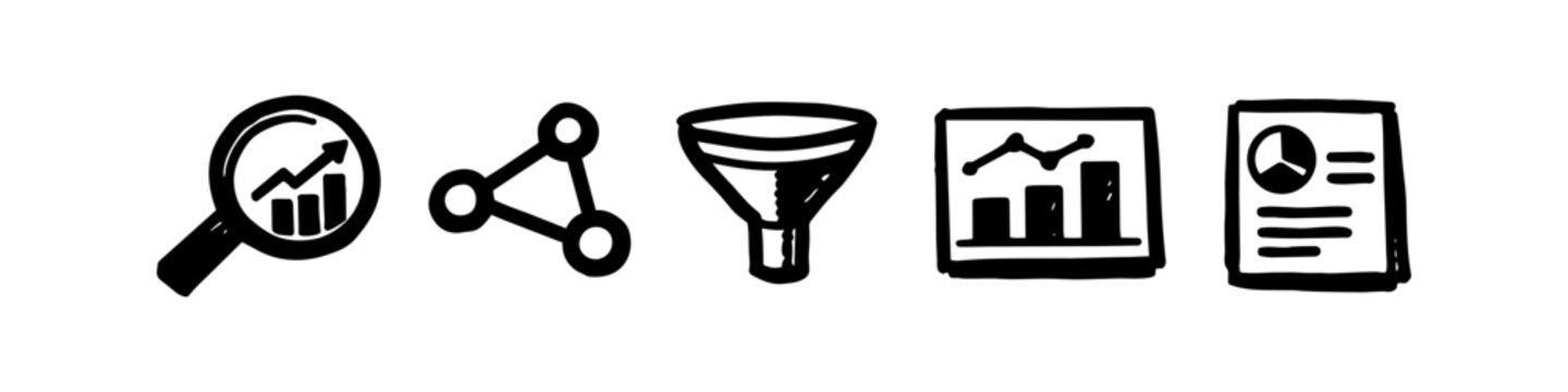 Hand-drawn business and data analysis icons featuring charts, a funnel, and a magnifying glass. Minimalist doodle style vector illustrations for marketing, statistics, and financial concepts.