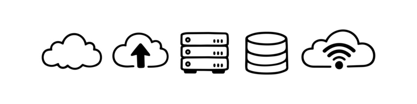 Hand-drawn doodle set of cloud computing and data storage icons. Includes cloud upload, server rack, database, and wifi symbols. Minimalist black line art on a white background.