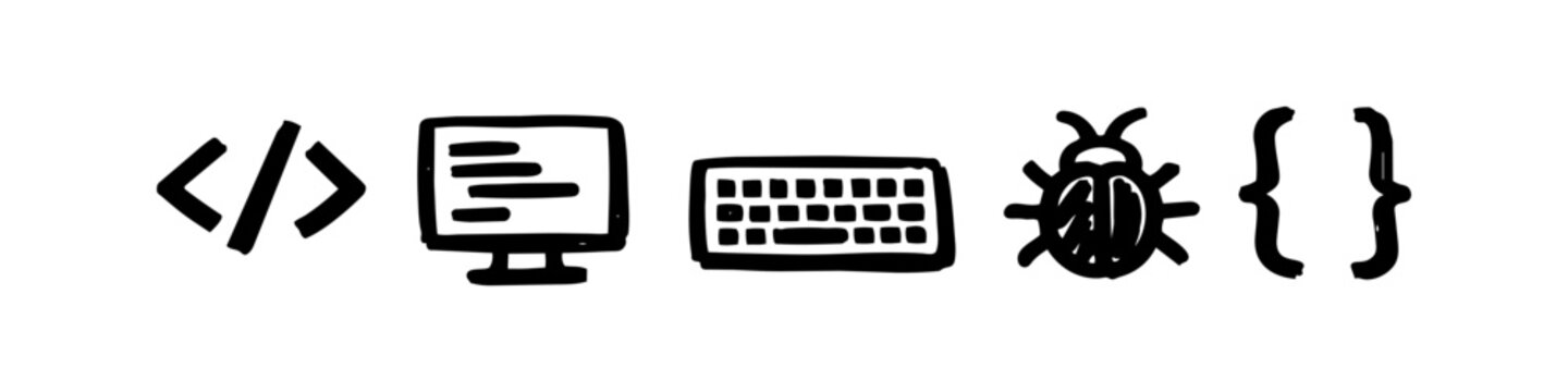 Set of hand-drawn coding and software development icons on a white background, featuring a code tag, computer monitor, keyboard, bug, and curly braces in a minimalist doodle style.