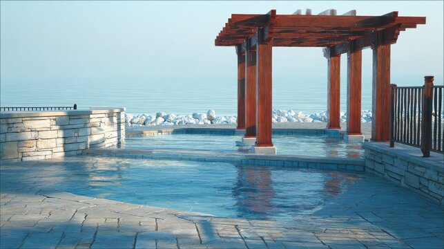 Outdoor patio with red pergola and water feature overlooking ocean
