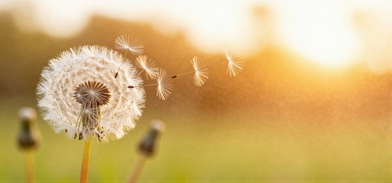 Un diente de le&oacute;n liberando sus semillas al viento, capturando la magia de un atardecer dorado.