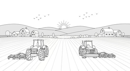 Fototapeta premium Vector illustration of two tractors working on a farm field at sunrise, line art illustration