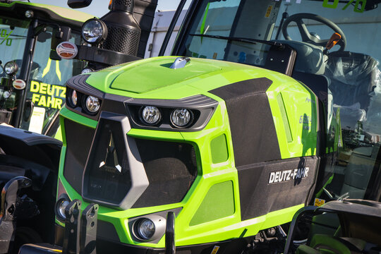 Bednary, Poland - September 21, 2024: Agroshow. Deutz-Fahr brand tractor machine. Manufacturer agricultural equipment. Detail and part of vehicle