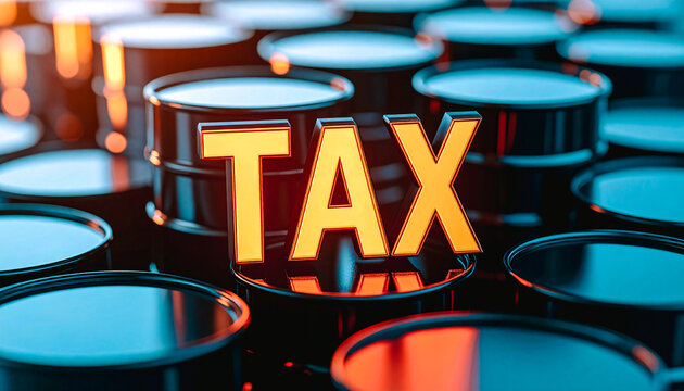 Mot TAX inscrit au dessus de barils de p&eacute;trole