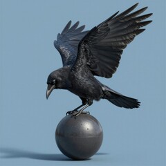 Naklejka premium Un cuervo posado precariamente sobre una esfera metálica, desafiando la gravedad.