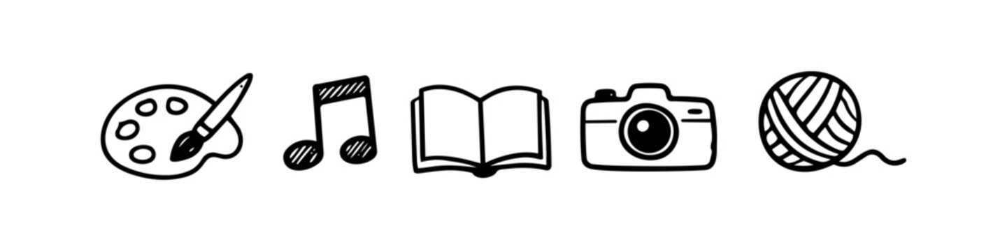 Set of hand-drawn doodle icons representing various hobbies like painting, music, reading, photography, and knitting. Simple black and white line art icons for creative activities.