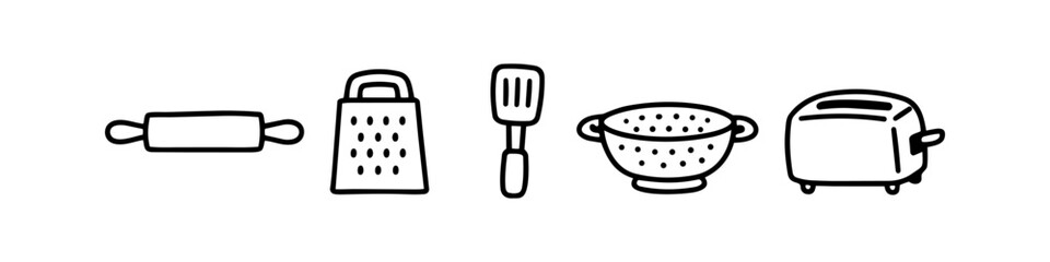 Hand-drawn collection of minimalist kitchen utensil icons in a doodle style. Features a rolling pin, grater, spatula, colander, and toaster. Perfect for cooking and baking theme designs. © Nort Kor