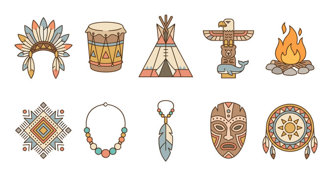 Native American cultural symbols and traditional objects are beautifully illustrated in a collection of diverse indigenous elements, showcasing heritage and tribal art.