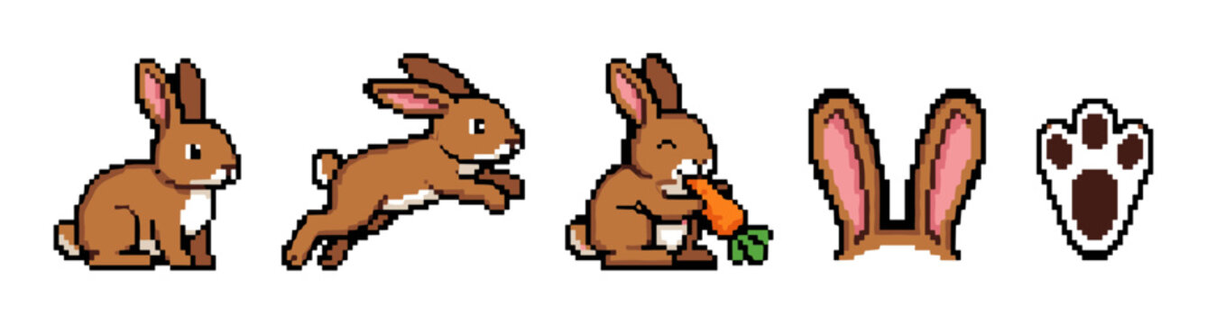 Brown pixel art rabbits and bunny elements collection showcasing various poses, including sitting, jumping, eating a carrot, along with ears and a paw print.