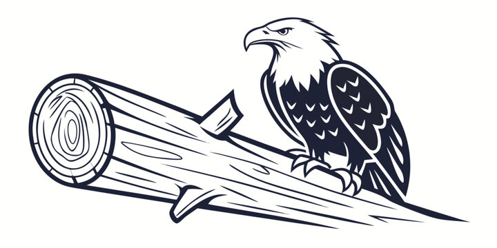 Majestic eagle perched on a weathered wooden log in a serene forest setting