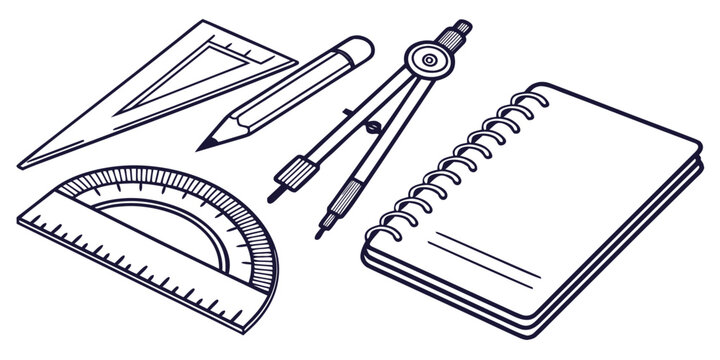A variety of drafting and drawing tools laid out on a notepad