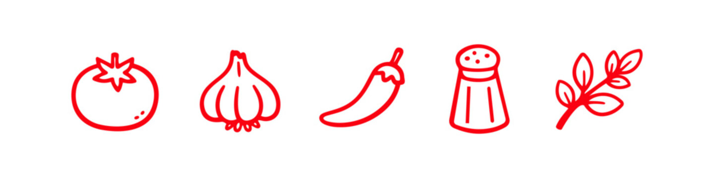 Red line art icons of cooking ingredients including tomato, garlic, chili pepper, salt shaker, and herbs, isolated on white. Simple vector doodles for kitchen and culinary themes.