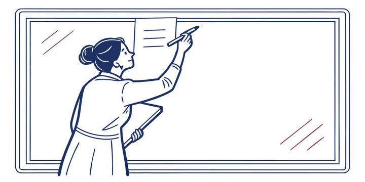 A woman in a white dress is drawing on a whiteboard with a marker.