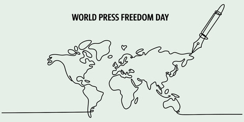 World press freedom day concept with a continuous line drawing of a world map and a fountain pen. Vector, illustration © Creative_Outline2019