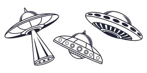 Three distinct flying saucers with unique designs and patterns hovering in the sky © AD