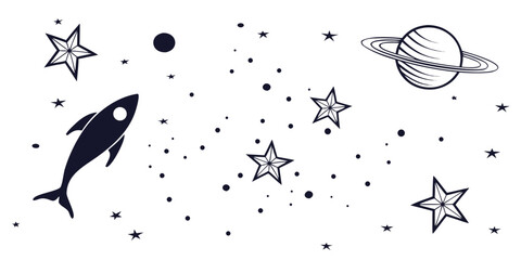 Whimsical black and white illustration of a killer whale in space surrounded by stars and planets © AD