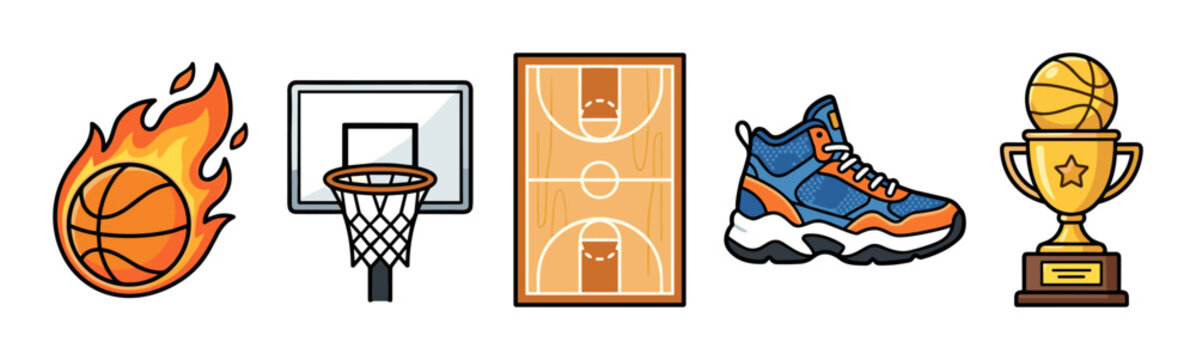 Basketball sport elements collection featuring various iconic items like a flaming ball, hoop, court, shoe, and championship trophy, presented in a playful cartoon style.