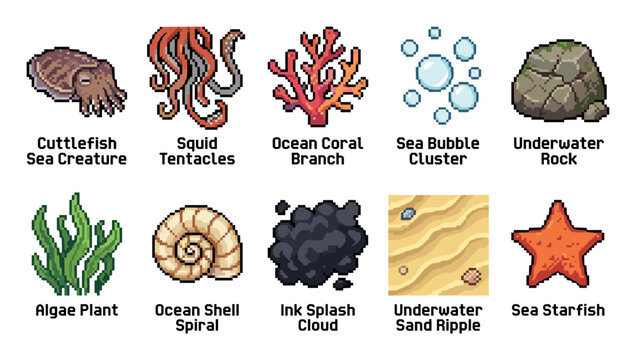Pixel art ocean underwater marine life elements collection featuring various sea creatures, plants, and natural formations for game design.