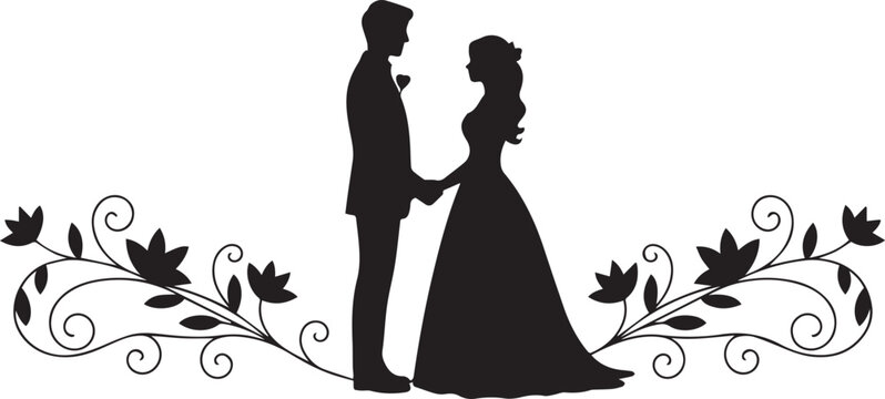 Wedding couple silhouette, romantic illustration, black vector icon, marriage symbol