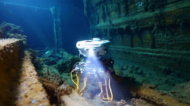 Exploring the Depths: A High-Tech Underwater Robot Investigates a Ruined Shipwreck Surrounded by Marine Life and Enigmatic Oceanic Structures