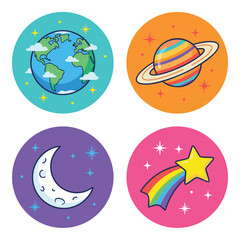 Set of Four Circular Space and Celestial Icons. © Paylopi