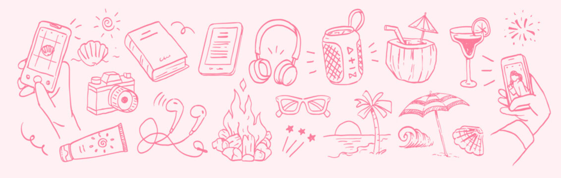 Summer lifestyle doodle set with smartphone, music, headphones, reading and relaxing elements. Perfect for leisure, digital lifestyle, travel and vacation mood illustrations.