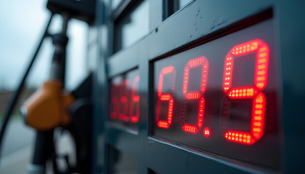 Petrol pump digital price display with nozzle in holster and overcast sky reflection