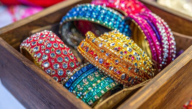 Wooden box filled with rows of vibrant bangles made of metal and glass, decorated with beads, stones, and intricate patterns, colors including blue, red, green, yellow, and gold, softly glowing lights