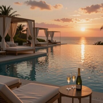 Una piscina infinita con vistas al atardecer sobre el oc&eacute;ano, con una botella de champ&aacute;n y dos copas sobre una mesa.
