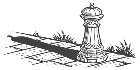 Naklejka premium A vintage style garden fountain with intricate details and a long shadow on a tiled surface