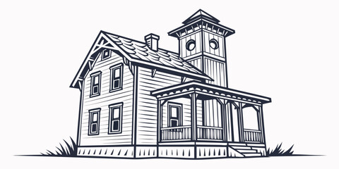 A charming, vintage two-story house with a wrap-around porch and a turret. © Bf