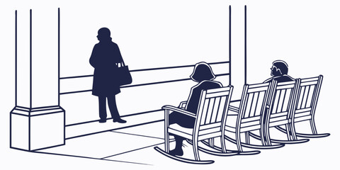 A woman stands at the end of a row of empty benches in a park. © Bf