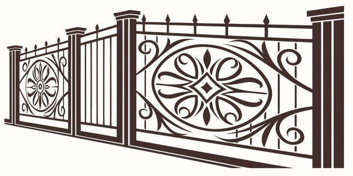 Ornate black metal fence with intricate designs and vertical bars