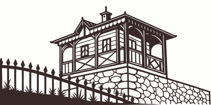 A beautifully illustrated traditional house with a tiled roof and wooden fence