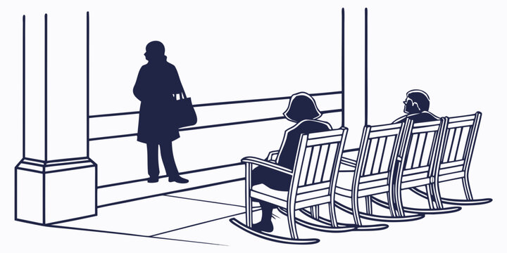 A woman stands at the end of a row of empty benches in a park.