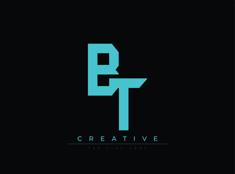 Modern BT logo design with creative tagline on dark background