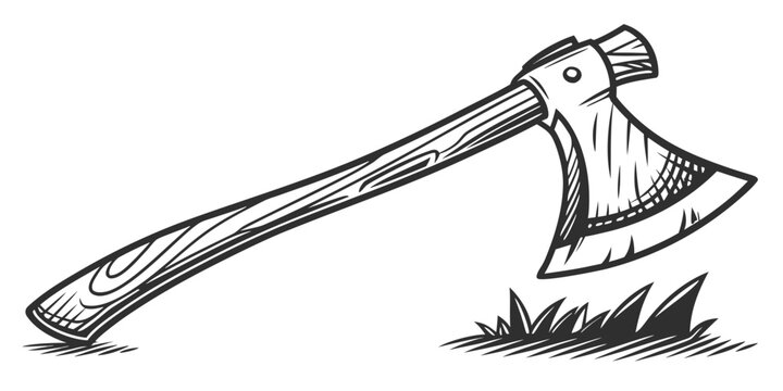 A detailed illustration of an axe with a wooden handle and a sharp metal blade.