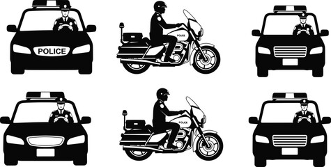 Police car and motorcycle officer silhouettes law enforcement patrol vehicles isolated on white background security transport vector set © MdAnisur