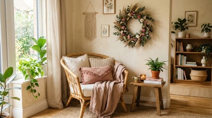 Naklejka premium Cozy bohemian reading nook with rattan chair, plants, and floral wreath