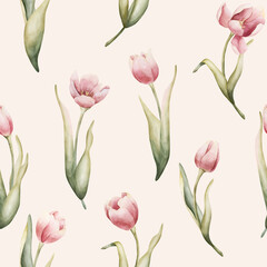 Fototapeta premium Pink Tulip Seamless Pattern Spring Garden Bulbs Flower. Watercolor hand drawn floral illustration isolated on light pink