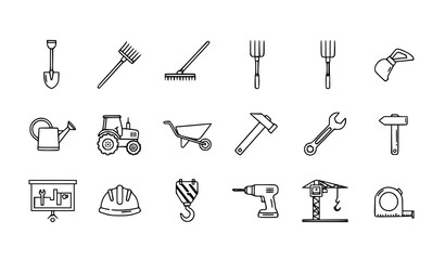 Hand drawn line farm and construction tools icons with organic layout for agriculture and building marketing materials vector © Shukimon