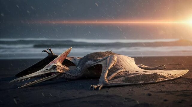 Pterosaur resting on the dark sandy beach shore at sunset. Ancient reptile struggling in the coastal environment. Wildlife survival in the prehistoric epoch era.