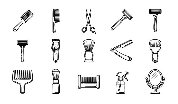 Stylish hand drawn barber tools icons with brush comb and grooming accessories for branding and marketing vector