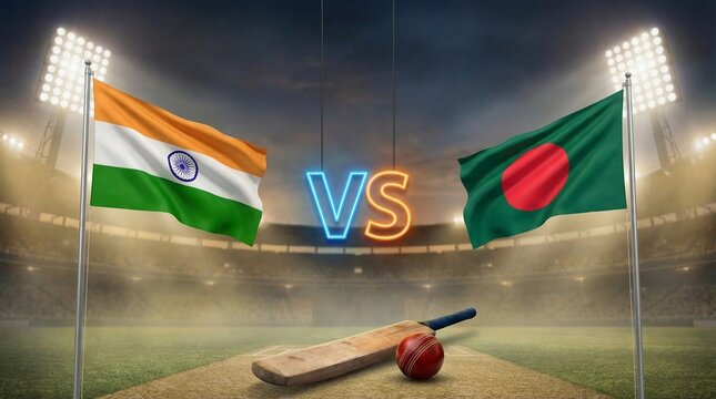India versus Bangladesh cricket match flags and bat on field