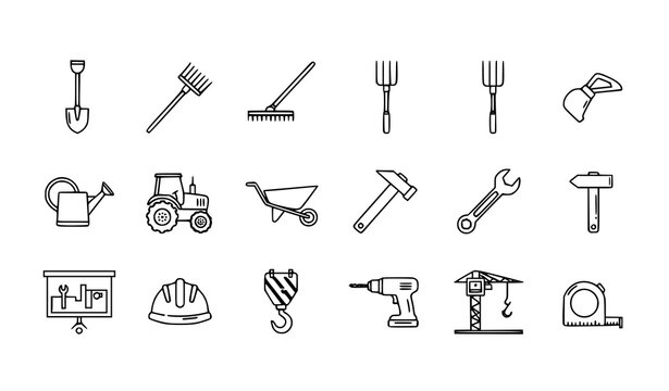 Hand drawn line farm and construction tools icons with organic layout for agriculture and building marketing materials vector
