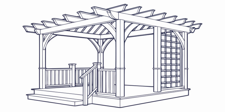 A detailed architectural drawing of a pergola with a lattice wall and staircase.
