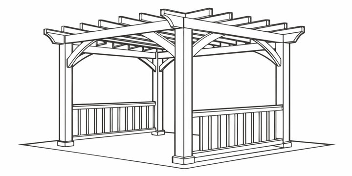 A charming wooden pergola with a white railing and open sides.