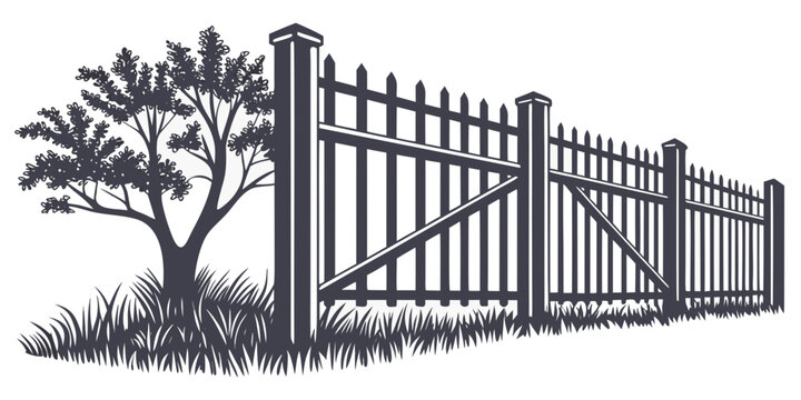 An open wooden gate with a tree standing beside it in a serene setting