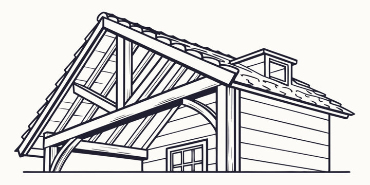 A detailed architectural drawing of a house with a gabled roof and dormer windows