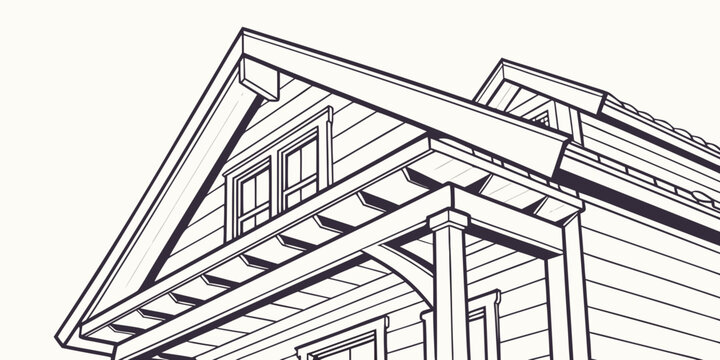 A detailed architectural drawing of a house with a gable roof and dormer windows